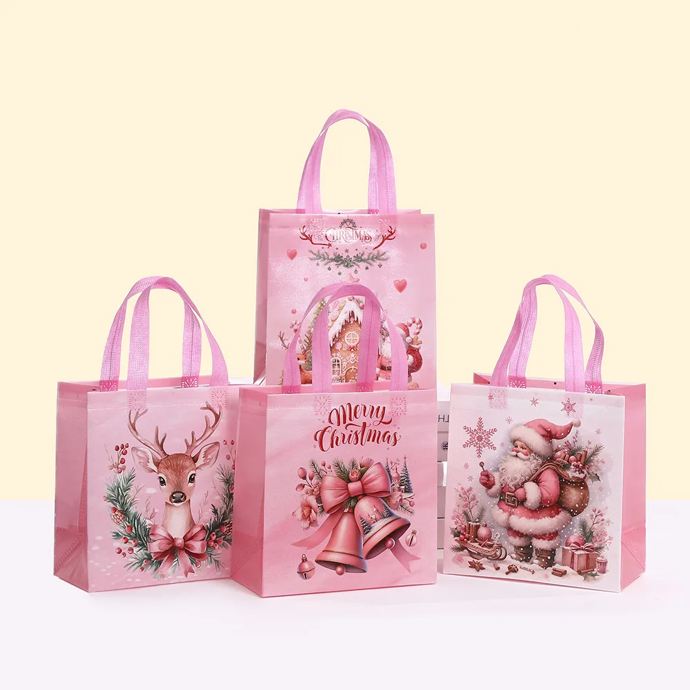 Non-Woven Christmas Gift Bags For Children Reusable Pink Christmas Bag With Handle Santa Claus Reindeer Berries Pattern Tote Bag
