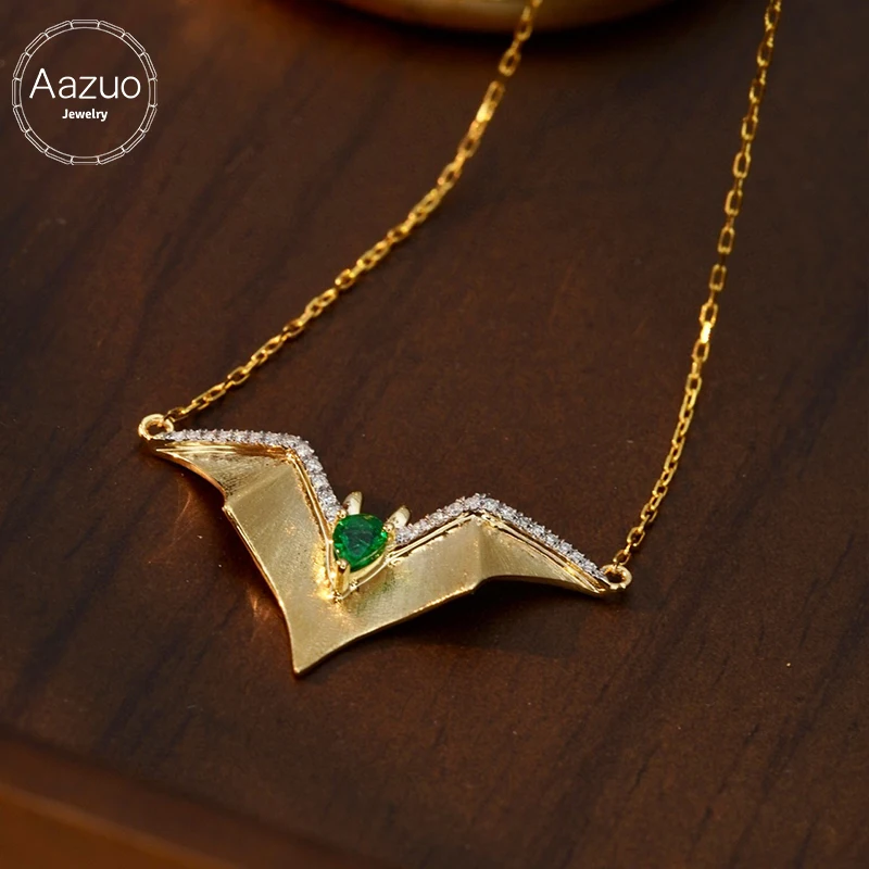Aazuo Real 18K Gold Yellow Gold Natural Emerald Real Diamonds Lovely Bat Necklace Gifted for Women Wedding Engagement Au750