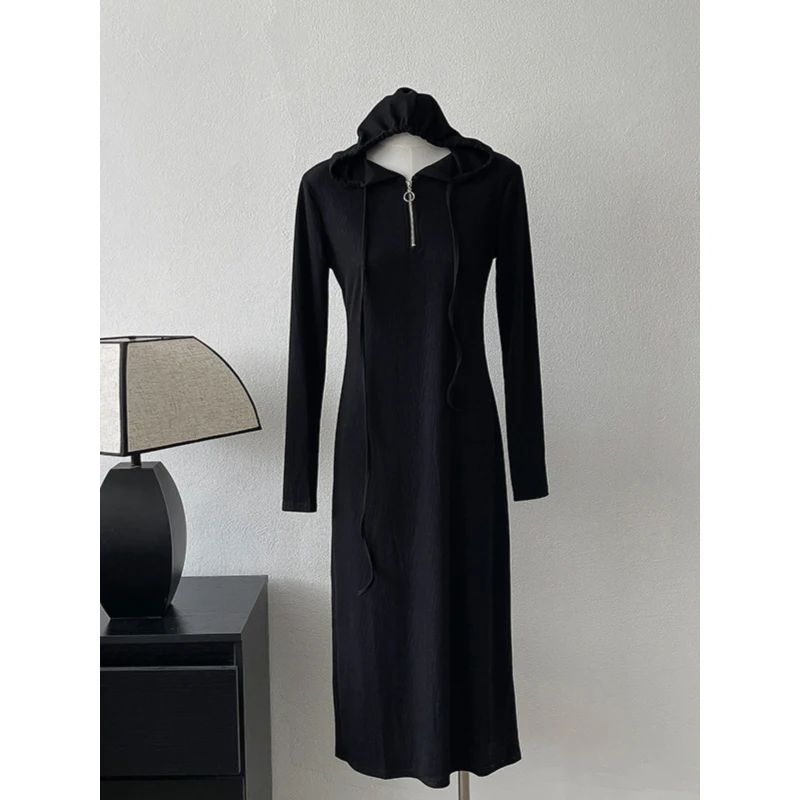 

Женское трикотажное платье с капюшоном, черное простое приталенное трикотажное платье средней длины на завязках с молнией для детей 18-24 лет