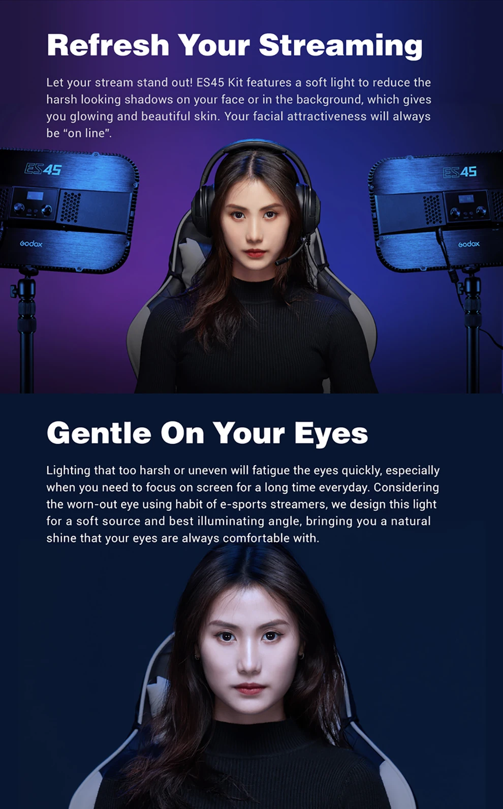 Godox ES45 E-Sports LED Light 2800K - 6500K Kit with Mounting Rod APP & Remote C