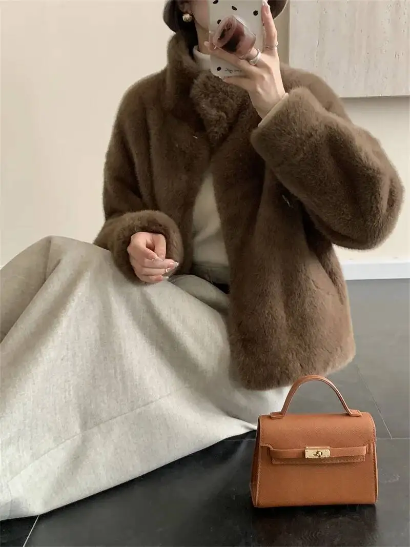 LANMREM Eco-friendly Mink Fur Windproof Stand Collar Faux Mink Coat For Women Warm Winter Thick Jackets With Pockets 2DB5167
