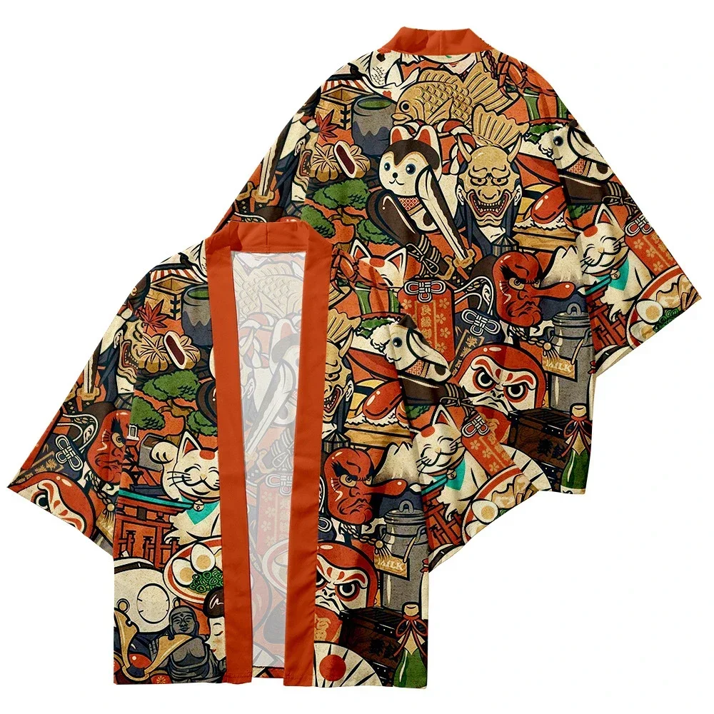 

Streetwear Cardigan Demon Samurai Cat Print Shirt Clothing Traditional Haori Kimono Women Men Harajuku Japanese Beach Yukata Top