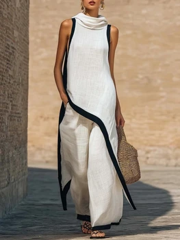 Women's Two-piece Sleeveless Contrasting Color Wide-leg Trousers 2026 Summer Casual Fashion Solid Color Irregular Suit For Women 1