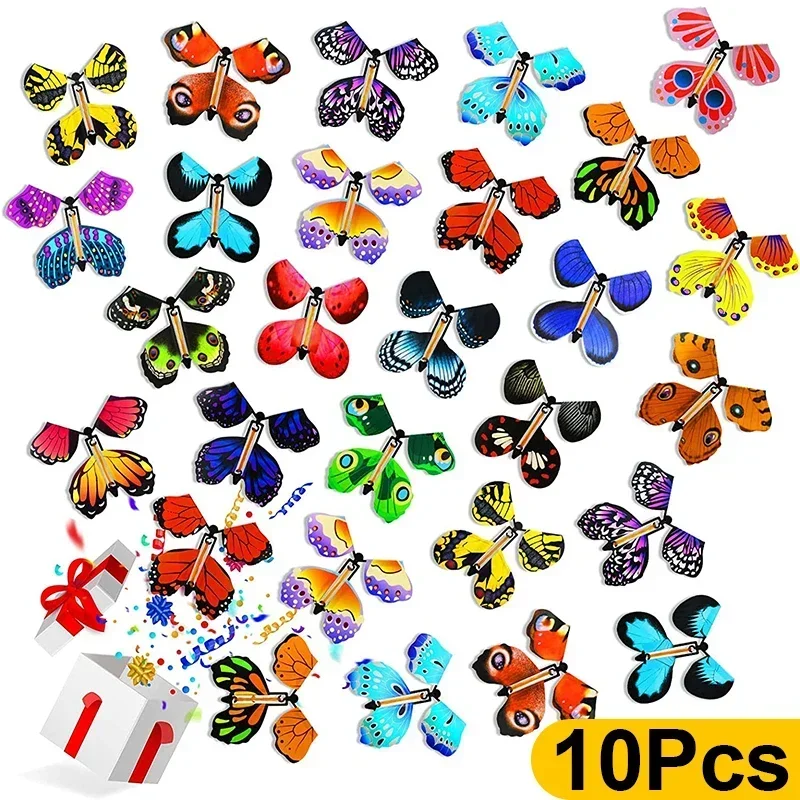 1/3/5/10pcs Magic Flying Butterfly Wind Up Butterfly Fairy Flying Toy Winding Rubber Band Toy Color Bookmark Party Great Surpris creative magic flying butterfly powered by rubber band colorful metal frame butterfly props magic tricks toys