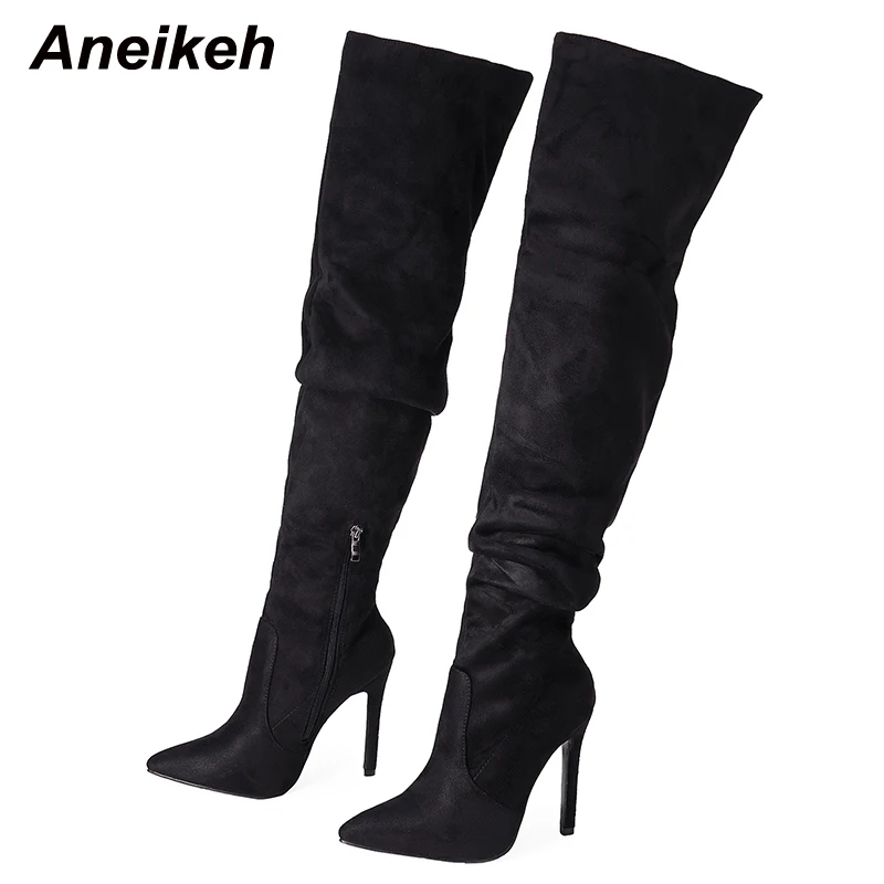 Aneikeh Women's Fashion Pointed Toe Thin Heel Over Knee Boots Spring/Autumn Flock Splicing Side Zipper Chelsea women high heel boots