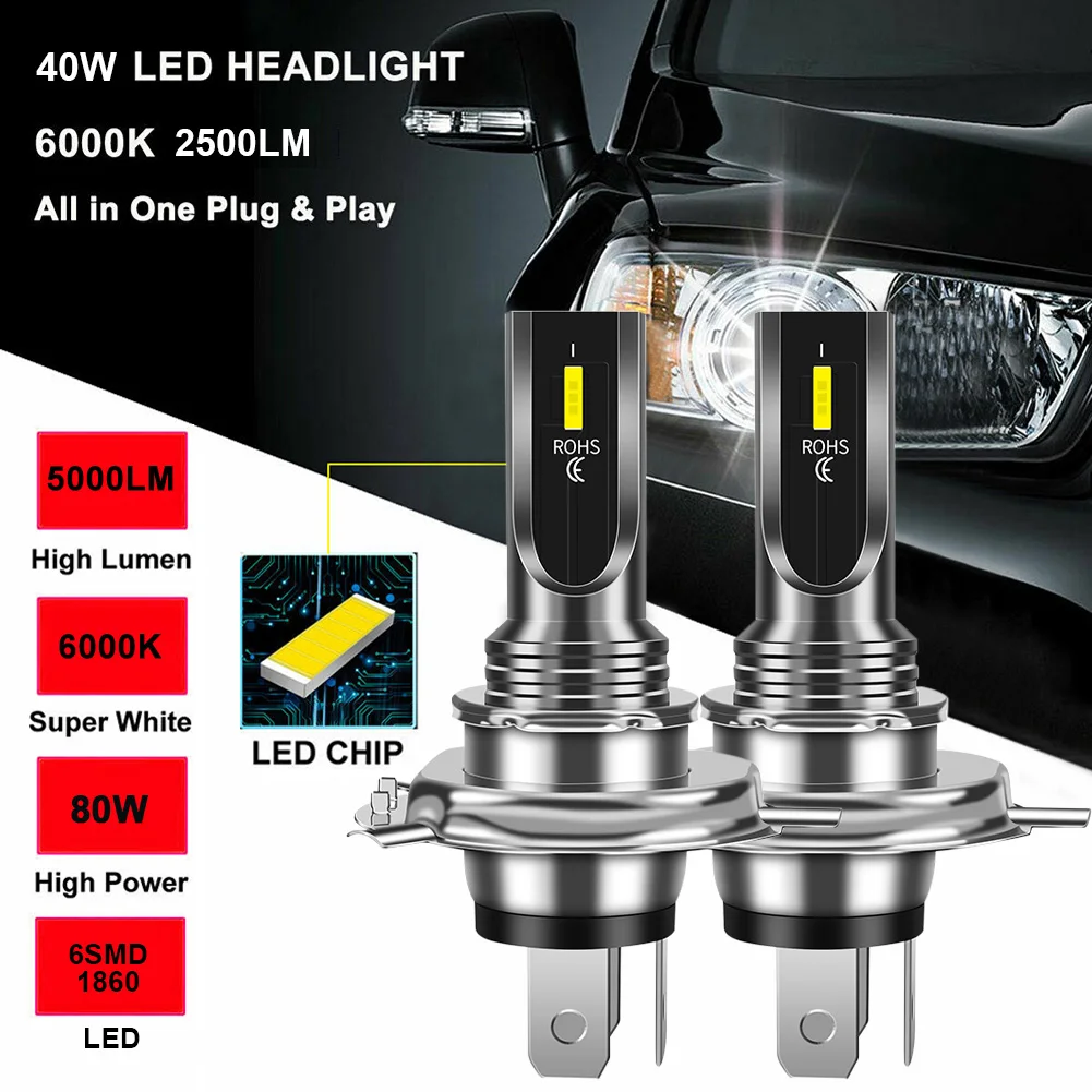

1Pair H4/H7 LED Headlight Bulb 80W 1860 CSP 5000LM/Set Super Bright 6000K White Replacement Fog Lights DRL Auto Accessories