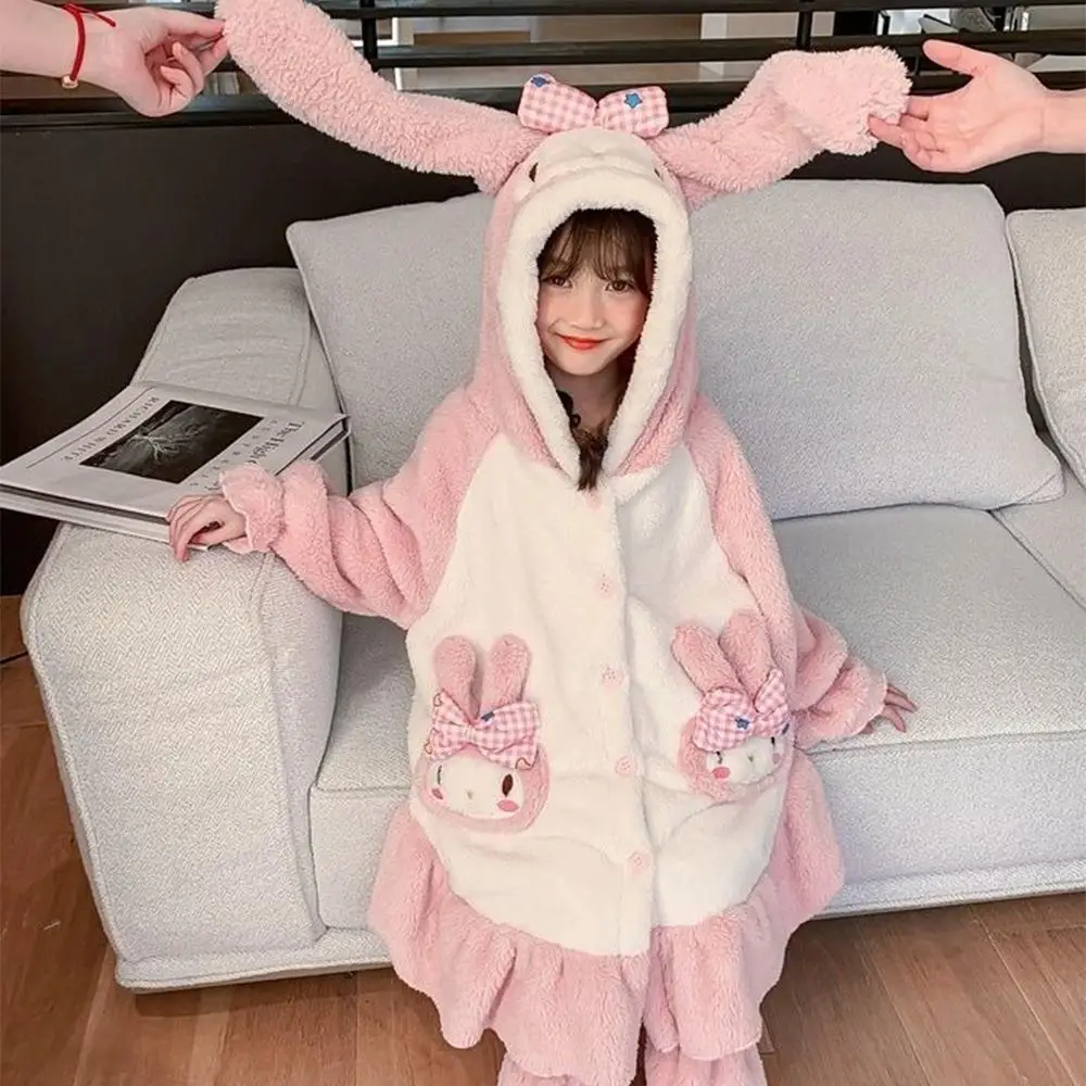 Kawaii Sanrio My Melody Girls Nightgown Suit Autumn Winter Pajamas Anime Sleepwear Flannel Homewear Child Cute Loungewear Robe