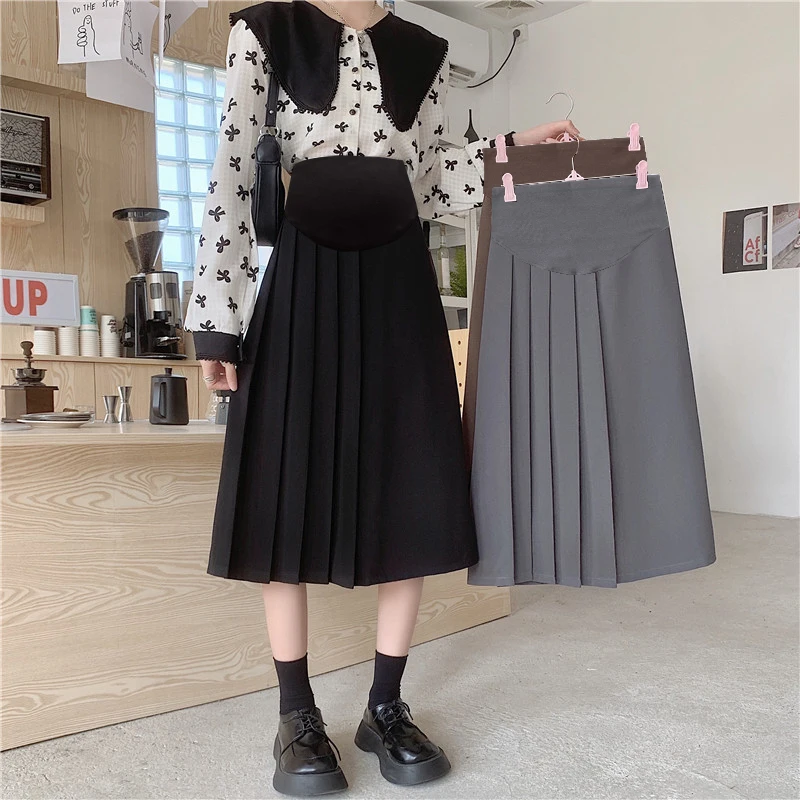 Short Maternity Suit Skirt Fashion High Waist Pleated Patchwork Pregnant Woman Midi Skirts for Spring