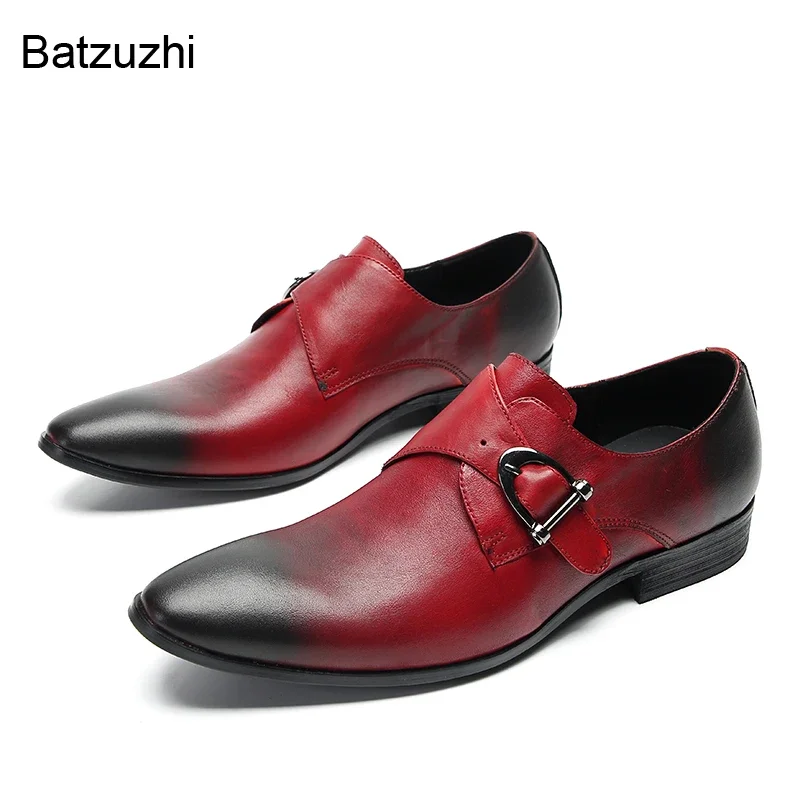 

Деловые кожаные туфли Batzuzhi, мужские слипоны с пряжкой, винно-красные кожаные туфли для мужчин Большой размер 37-47