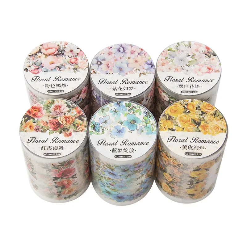 1Roll 2M PET Film Flower Painting Romantic Vintage Plant Handbook Collage European Scrapbook 60mm*2m Tape Roll Adhesive 5