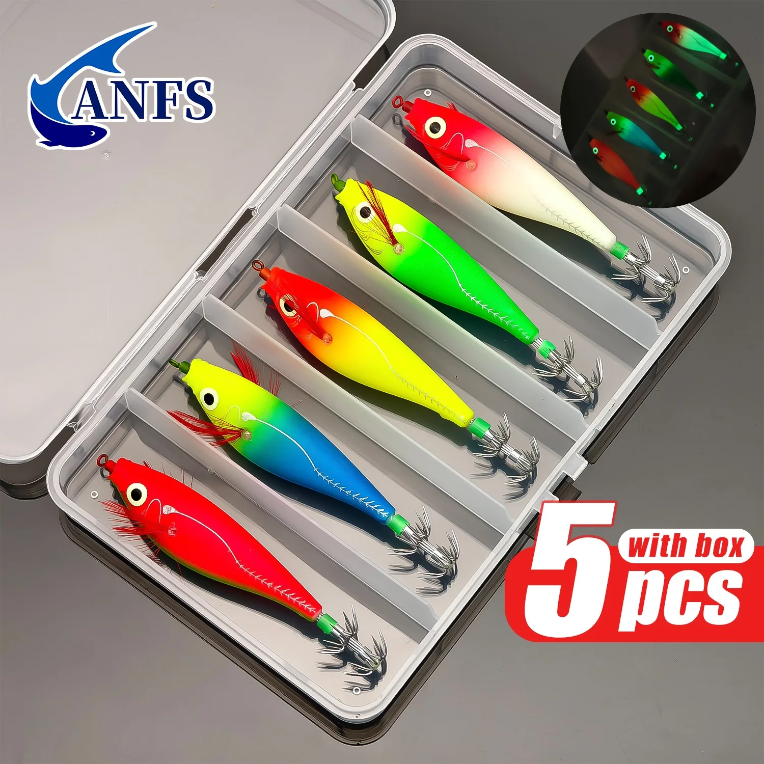 ANFS 5 Stück leuchtende Tintenfischhaken – horizontale Garnelenköder – Köder für Egi, Tintenfisch-Tintenfisch-Jigs, harte Köder zum Oktopusangeln