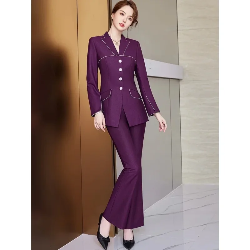 

Elegant Black Green Purple Blazer And Pant Suit Formal Women Office Ladies Long Sleeve Business Work Wear 2 Piece Set