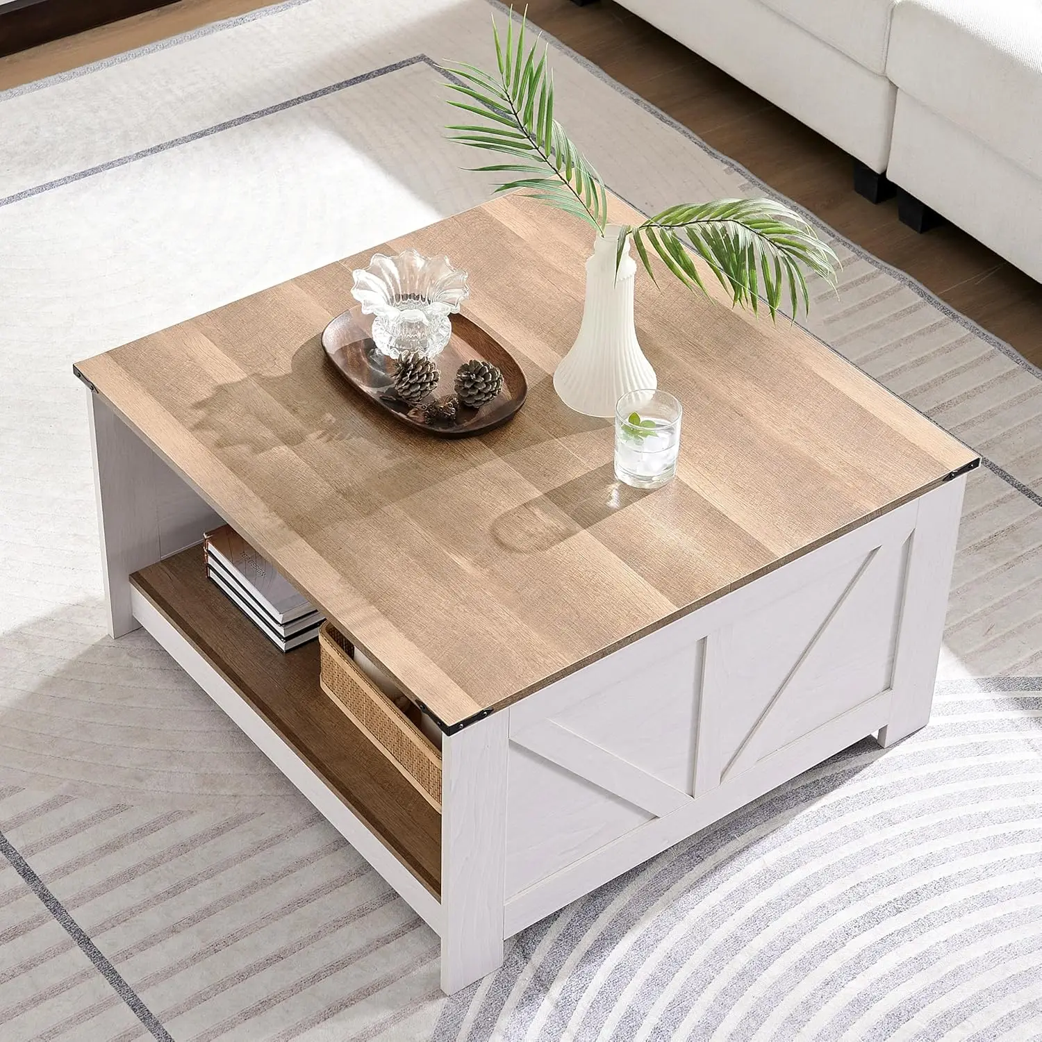 Farmhouse Coffee Table for Living Room, Wood Square Coffee Tables, 31.5" D x 31.5" W, Grey Wash 3