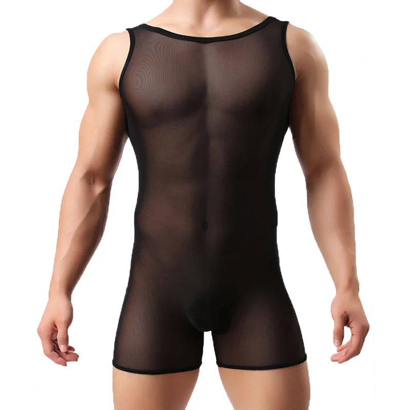 Sexy Men Undershirt Leotard Mesh Transparent Sheer Bodysuits Shorts Wrestling Singlet Jumpsuits Slip Homme Fishnet Gay Underwear