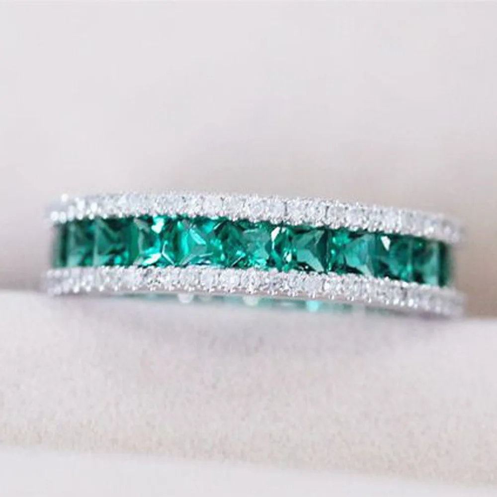 Sterling Silver Color Simple Ring for Women Classic Green White CZ Austrian S925 Plata Color Jewelry Lover Wedding Ring