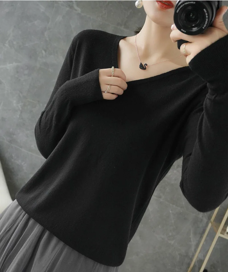 S1d033366929845069197f8f1eade1babP Women Sweater V-neck Spring Autumn Knitwear Long Sleeve Slim Warm Sweater Pullovers Lady Basic Jumpers Knitted Bottoming Shirt Mallzona