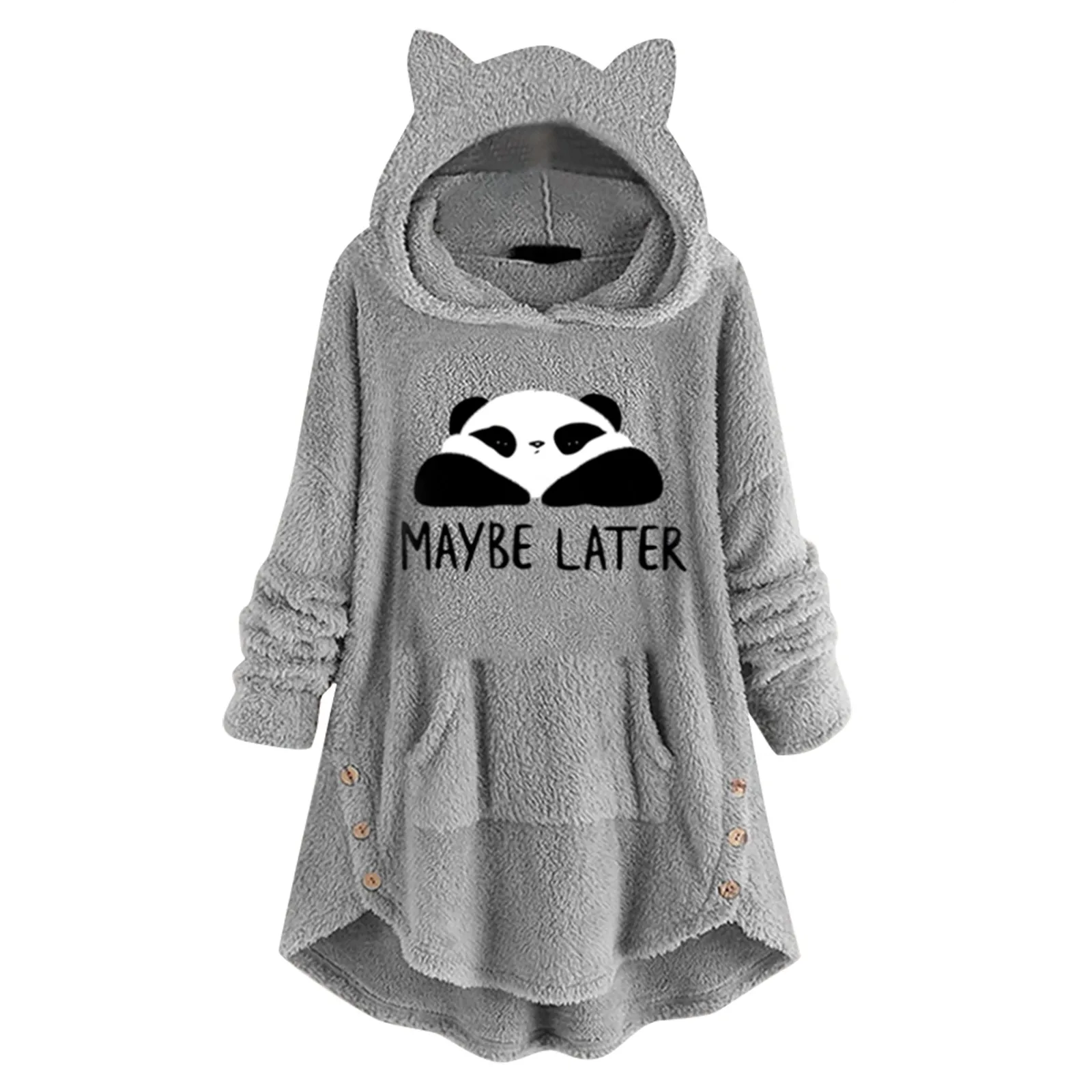 Hoodies Womens Sweatshirt Fleece Funny Cat Printed Kawaii Cap Pullovers Winter Warm Fluffy Hooded Top Button Moletom