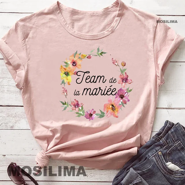 Team Bride Bachelorette Wedding Party Women Evjf Tee Shirt Casual ladies basic O-collar Pink Short Sleeved T-shirt Girl Peach2