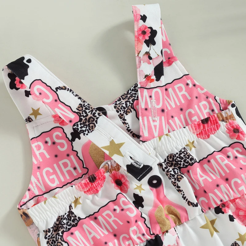 

Western Baby Girl Clothes Cow Print Toddler Floral Overalls Bell Bottoms Romper Summer Sleeveless Jumpsuit