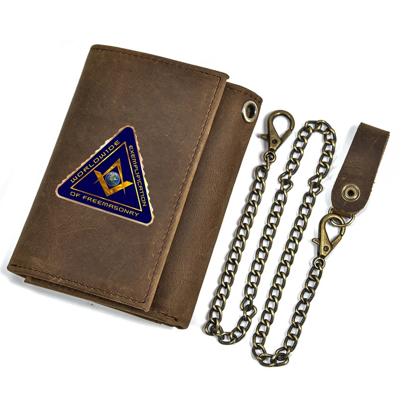 Luxury Men Genuine Leather Wallet With Iron Chain World Wide Exemplification Of Freemasonry Card Holder Short Purse BT1458