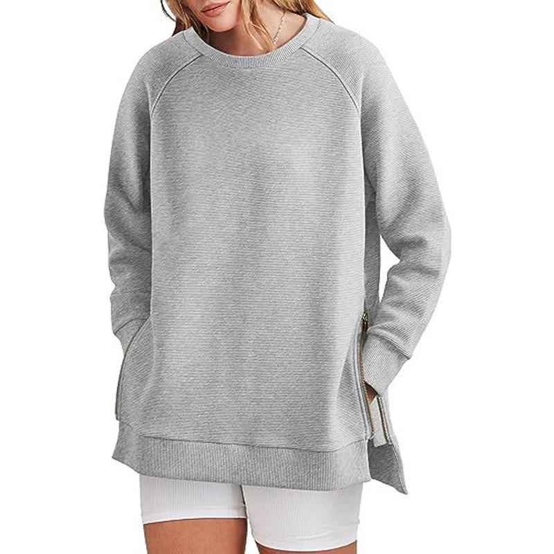 2023 Autumn Winter Women's Casual Streetwear Oversized Zipper Sweatshirt Female Solid Long Sleeve Irregular Pullover Tunic Tops