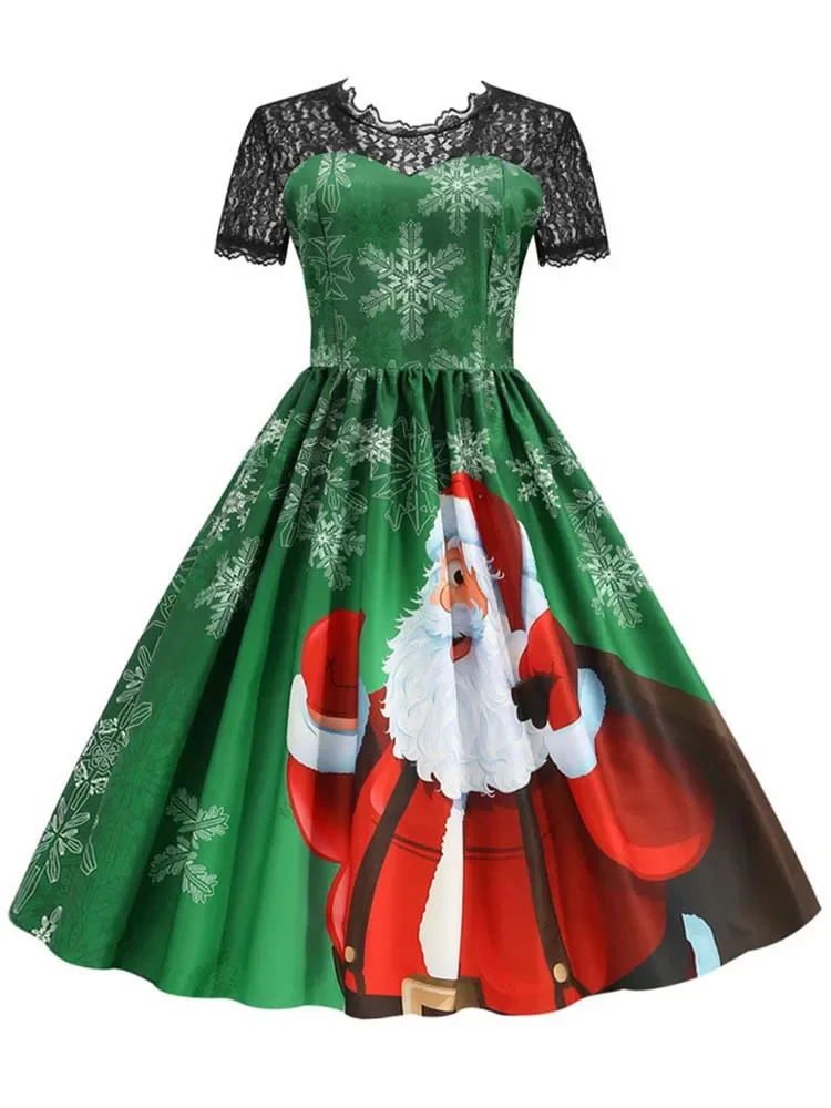 Women's Santa Claus Print Lace Dress Short Sleeve High Waist Vintage — free download