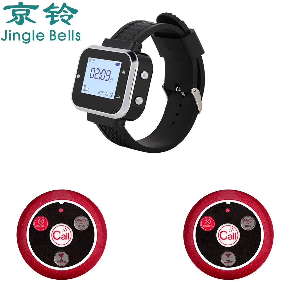 Jingle Bells Relógio Pager Garçom Mesa Botão Sistema de Chamada sem Fio Transmissor para Restaurantes Clínica Café Pager Pager