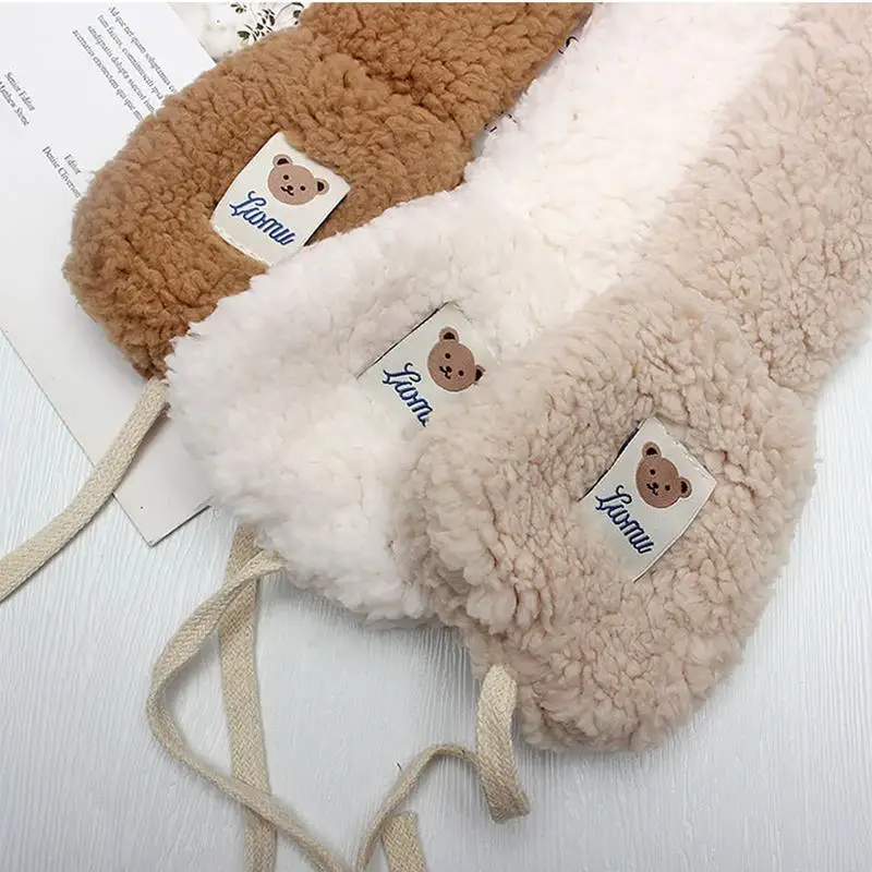 Korean Cute Bear Plush Earmuff Lamb Wool Lace-up Ear Muffs Winter Warm Anti-freeze Ear Covers Fleece-lined Thickened Ear Bag