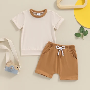 Lioraitiin Toddler Boys Summer Outfits Patchwork Round Neck Short Sleeve T-Shirts Tops Elastic Waist Shorts 2Pcs Clothes Set 2