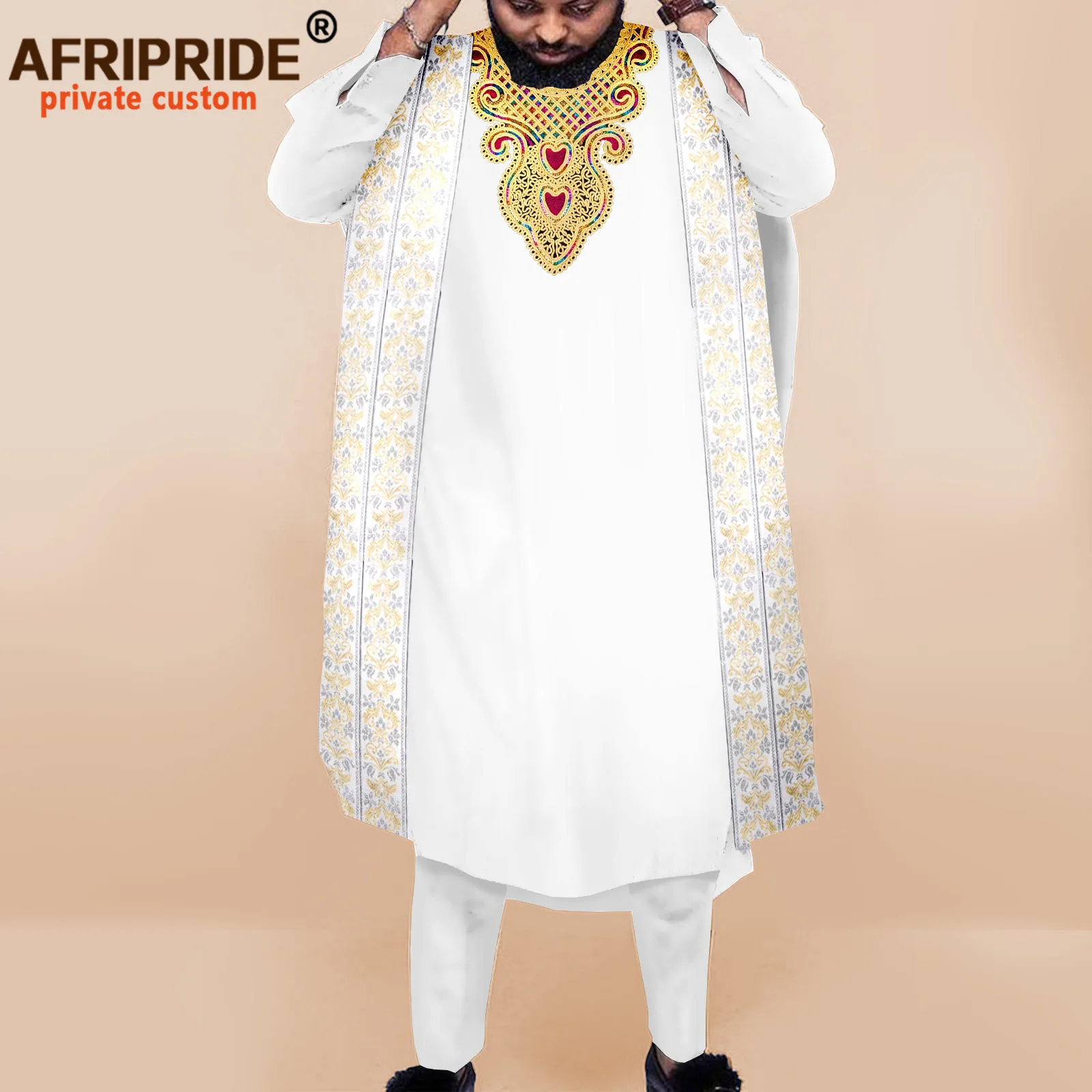 African Men`s Clothing Dashiki Embroidery Agbada Shirts and Pants 3 Piece Set Traditional Garments for Wedding Evening A2216012