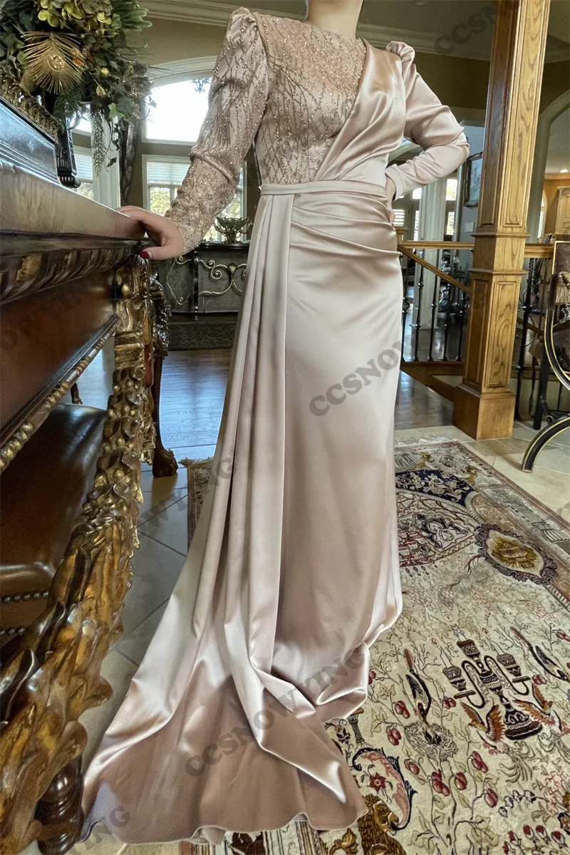 

Satin Beaded Hijab Muslim Evening Dresses Long Sleeve Islamic Formal Party Gown Women Arabic Kaftan Robe De Soiree