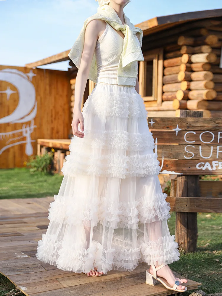 Women's Ruffle Trim Mesh Tutu Skirt, Tiered Layered A-Line Flared Skirt, High Waist Soft Tulle Puffy Skirt, Spring Summer