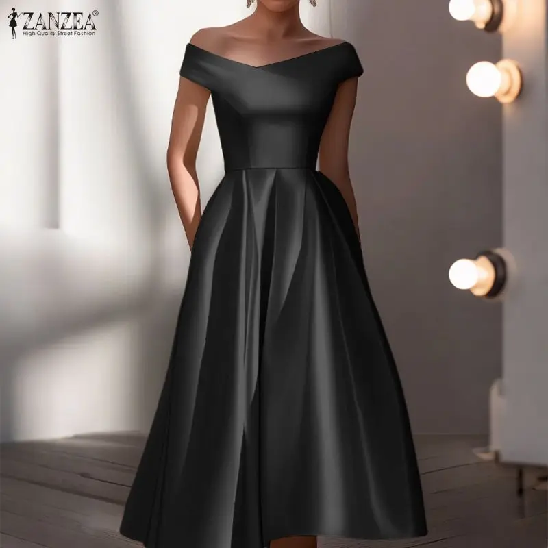 ZANZEA Damen-Abendkleider aus Satin, sexy, schulterfrei, figurbetont, einfarbig, Midikleid, Sommer, elegante Cocktail-Roben für Damen – Detail 8