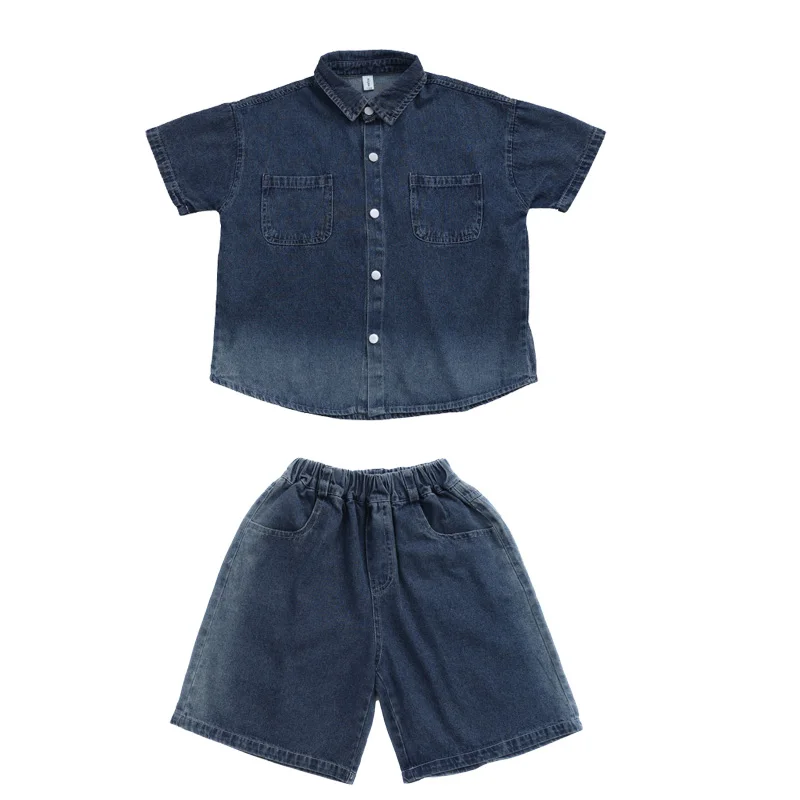 십대 소녀 반바지 세트, 그라데이션 컬러, 반팔 데님 셔츠, 짧은 2 개, 주니어 소녀 세트, 어린이 의상, 10, 12, 14, 여름