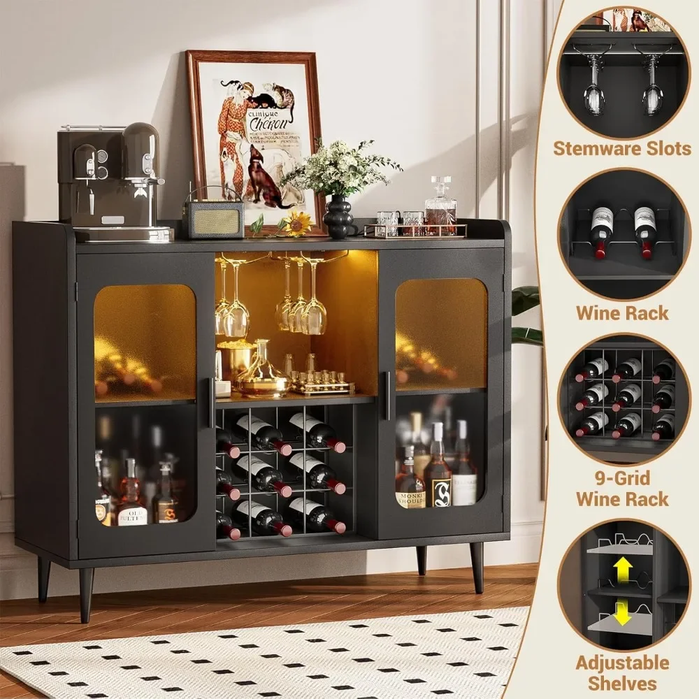 Bar Cabinet with Power Outlet, Liquor Cabinet Bar with LED Light and Glass Holder, Home Coffee Cabinets Furniture