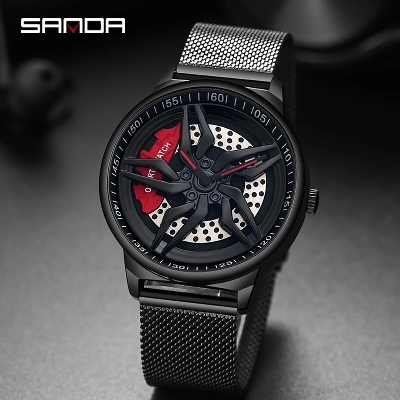 [360° Spinning] SANDA 1107 Fashion New Men Watch Sports Wheel Shape Rotating Dial Quartz Wristwatch Gifts Relogio Masculino 1062