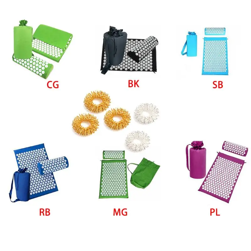 

Acupressure Cushion Yoga Mat Pillow Massager Set with Finger Rings for Full Body Neck Back Trigger Point Pain Relief