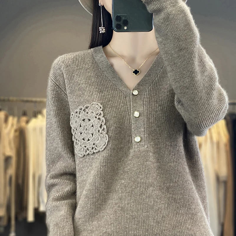 

Hot Sale Women Vneck Sweaters Loose Pullovers Autumn/Winter 100% Cashmere And Wool Knit Long Sleeve Female Fashion Jumpers NJ01