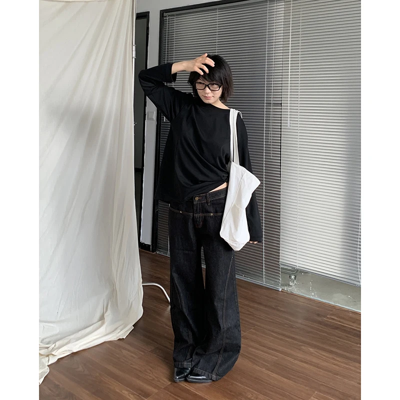 2024 Blue Women Jeans High Waist Vintage Straight Baggy Denim Pants Streetwear Y2K American Style Fashion Wide Leg Denim Trouser 2