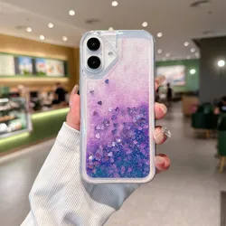 Shimmering Glitter Quicksand Clear Phone Case with Bling Sequins and Soft Bumper Cover - iPhone 14 (Purple)