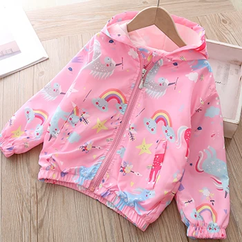 thumbnail image 1 of Chaqueta para niñas de 2 a 9 años, abrigo rompevientos con capucha informal de primavera para niñas, ropa de abrigo para niños con dibujos animados bonitos, 1 of 5