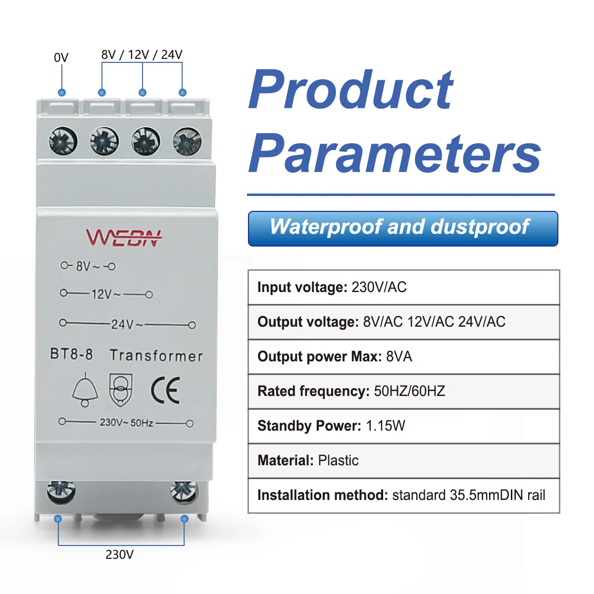 Doorbell Transformer 8/12/24V CE Approved Compatible with Ring/Bell/Bell Smart rail type doorbell protector rated voltage BT8-8