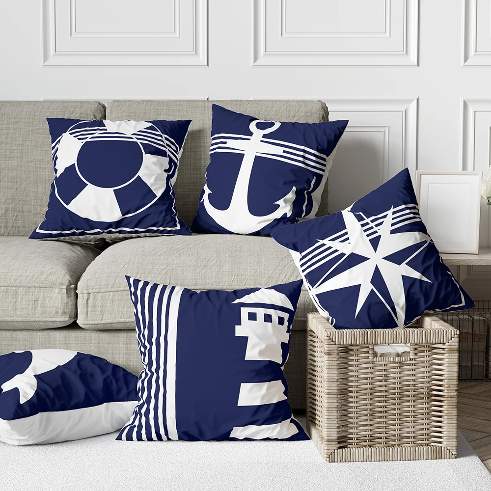 

Home decor blue nautical logo print cushion cover soft polyester pillowcase bedroom car funda de almohada