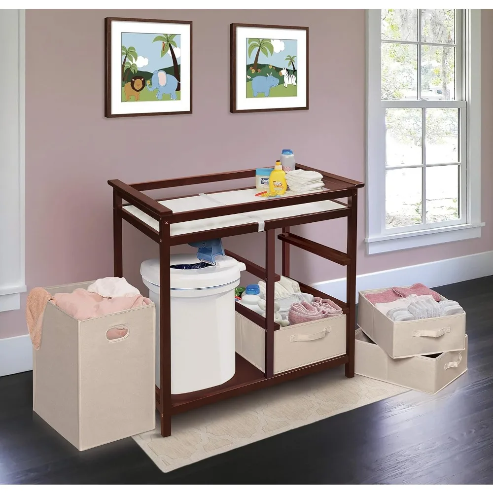 Modern Baby Changing Table with Laundry Hamper, 3 Storage Drawers and Pad, Diaper Change Station-Cherry/Ecru