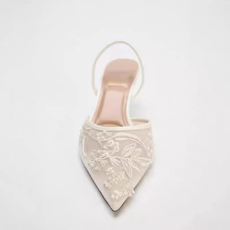 TRAF Woman Vintage Embroidered High Heels White Pointed Toe Stiletto High Heels Pumps Autumn Elegant Female Slingback High Heels 4