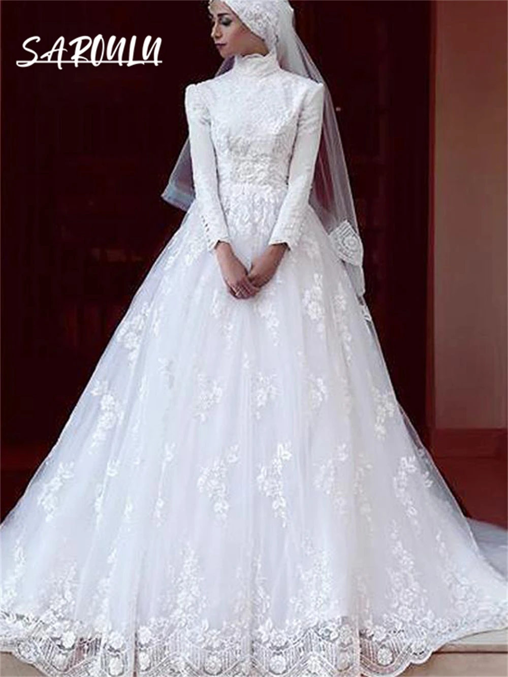 

High Neck Arabic Lace Wedding Dress Long Sleeves A Line Caftan Modest Bride Dresses Custom Made Plus Size Bridal Gown