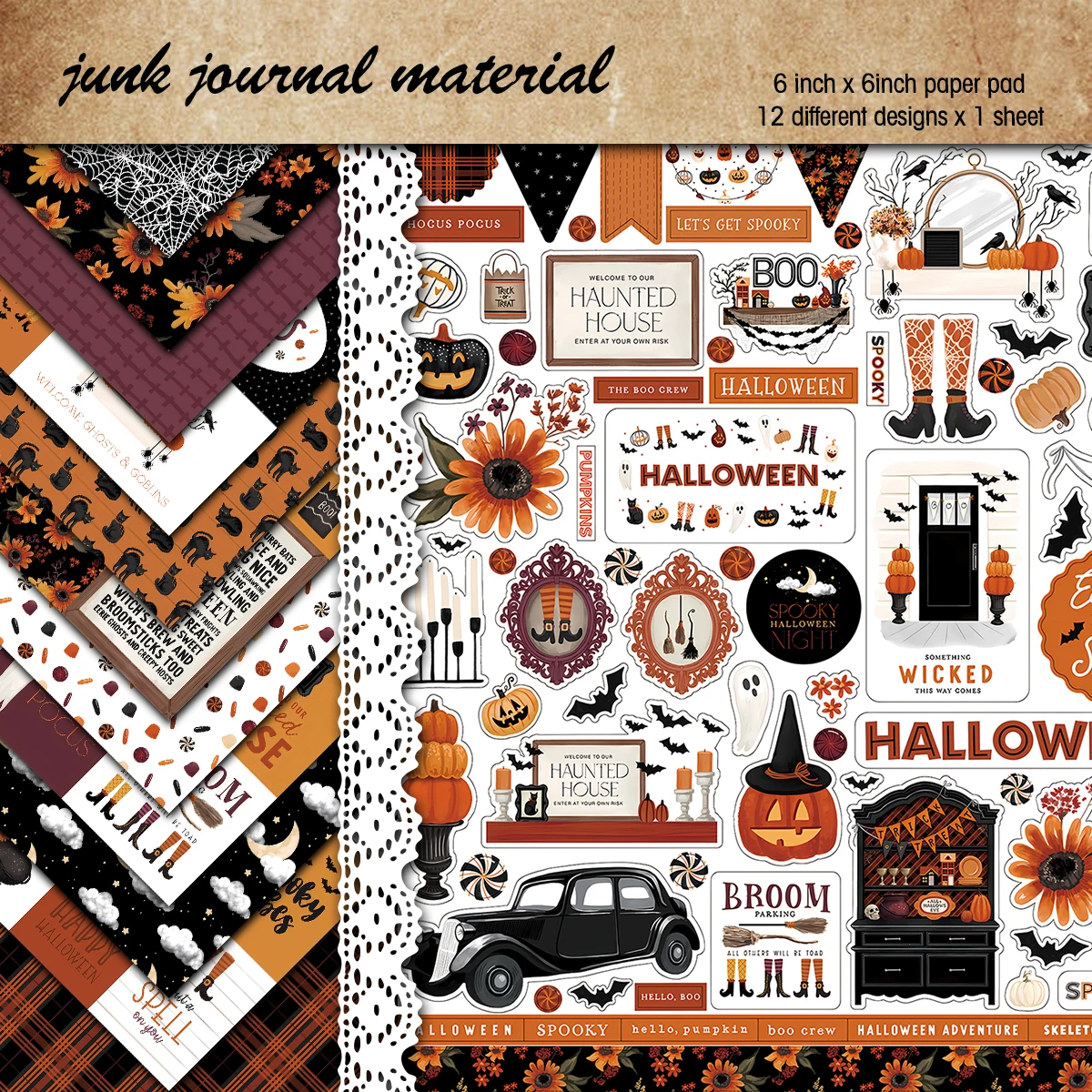 12sheets Vibrant Halloween Scrapbook Paper Pad,6x6Inch Single-Sided Decoupage Paper for DIY Crafts,Journaling,Scrapbook Supplies