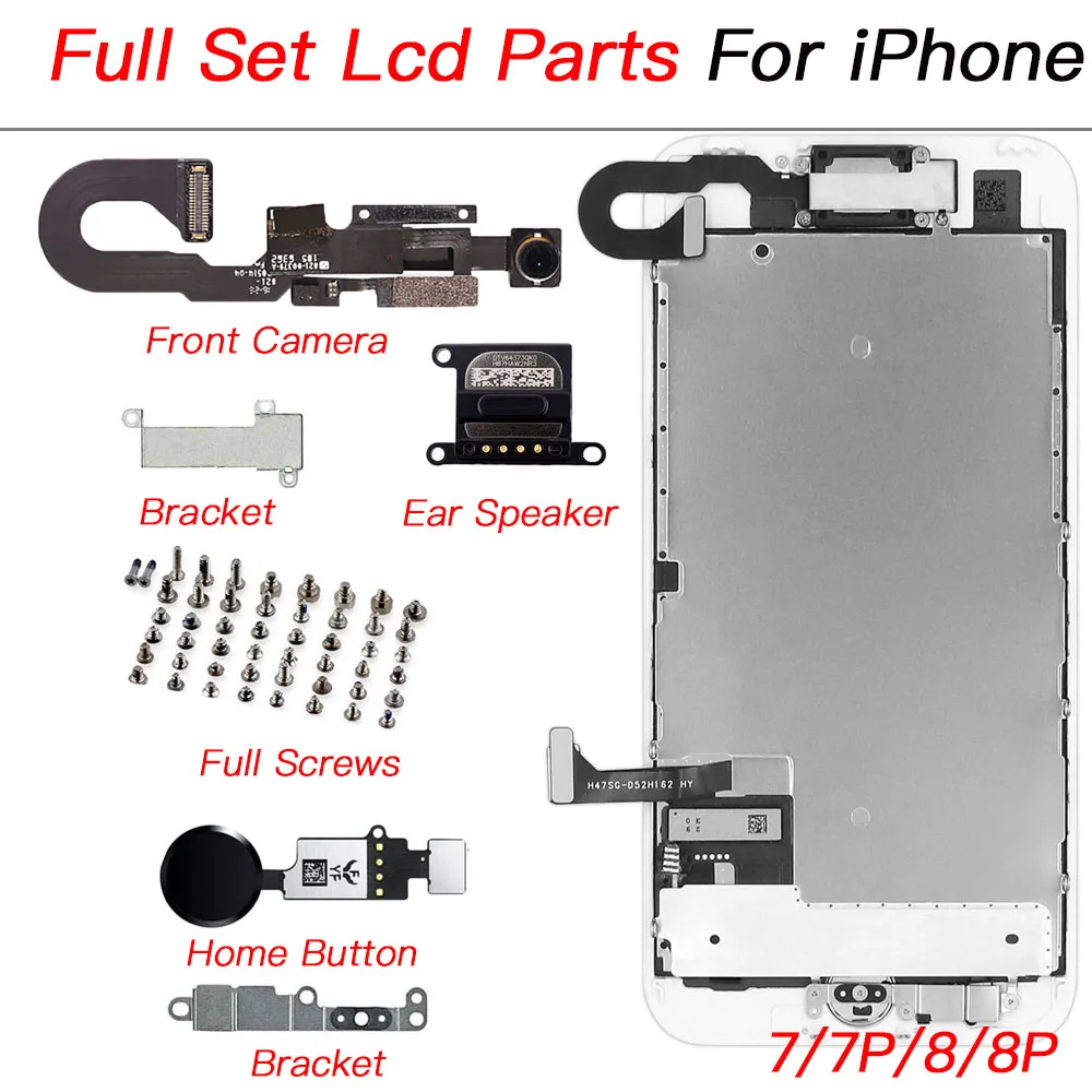 مجموعة كاملة lcd استبدال جزء آيفون 6 ، 6s ، 7 ، 8 plus ، الكاميرا الأمامية ، الكاميرا الأمامية ، زر المنزل ، الكابلات المرنة ، المتكلم ، المسمار الكامل