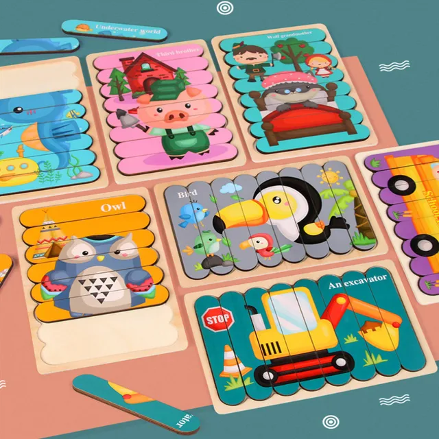 Double Sided Strip 3D Puzzles Baby Toy Wooden Montessori Materials Educational Toys For Children Large Bricks Kids Learning Toys 1