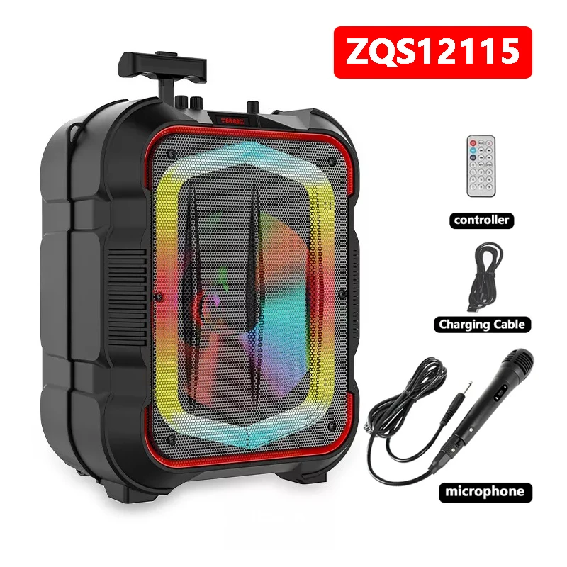 

12-Inch High Power Bluetooth Speaker Household Karaoke Square Dance LED Color light Portable trolley subwoofer with microphone